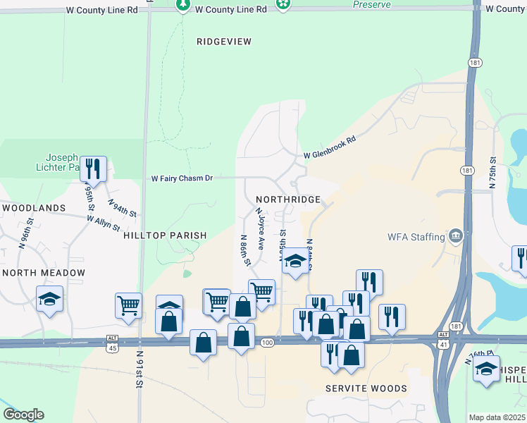 map of restaurants, bars, coffee shops, grocery stores, and more near 9116 North Joyce Avenue in Milwaukee