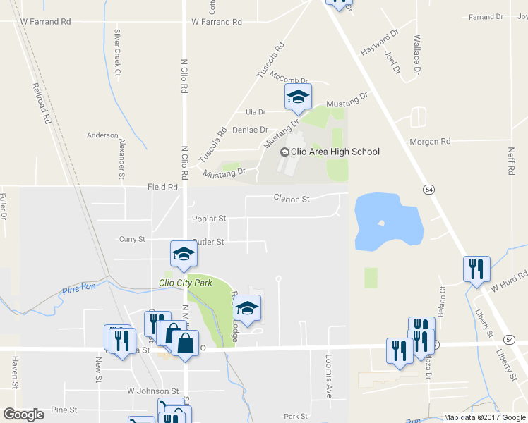map of restaurants, bars, coffee shops, grocery stores, and more near 415 Poplar Street in Clio