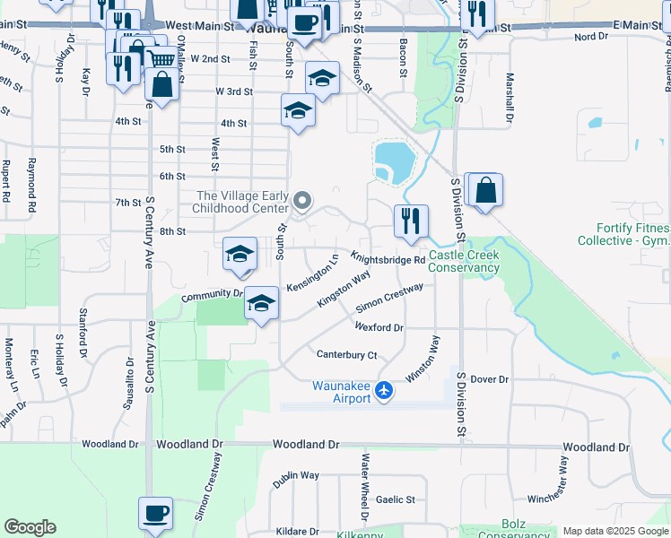 map of restaurants, bars, coffee shops, grocery stores, and more near 204 Kensington Lane in Waunakee