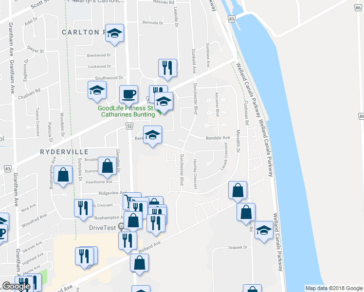 map of restaurants, bars, coffee shops, grocery stores, and more near 61 Dorchester Boulevard in Saint Catharines