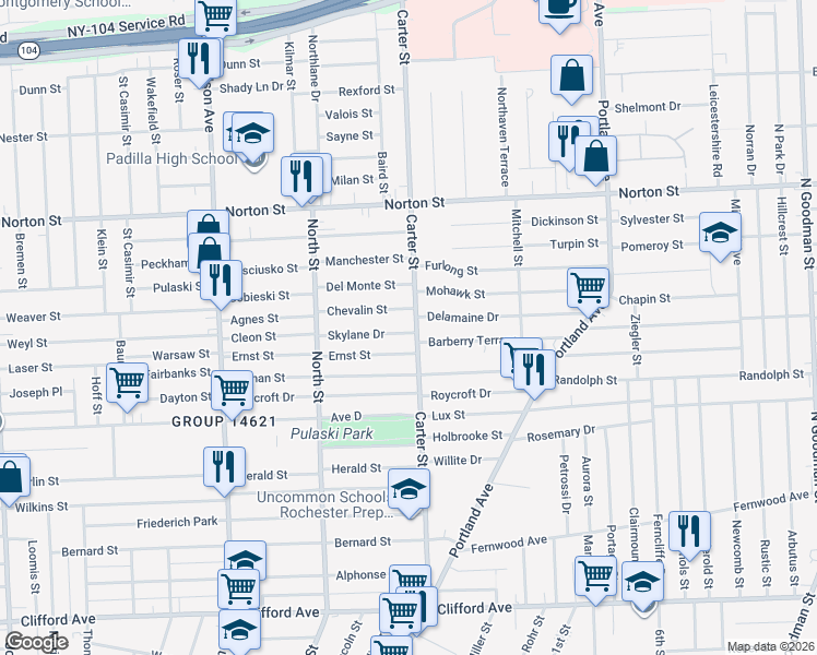 map of restaurants, bars, coffee shops, grocery stores, and more near 379 Carter Street in Rochester