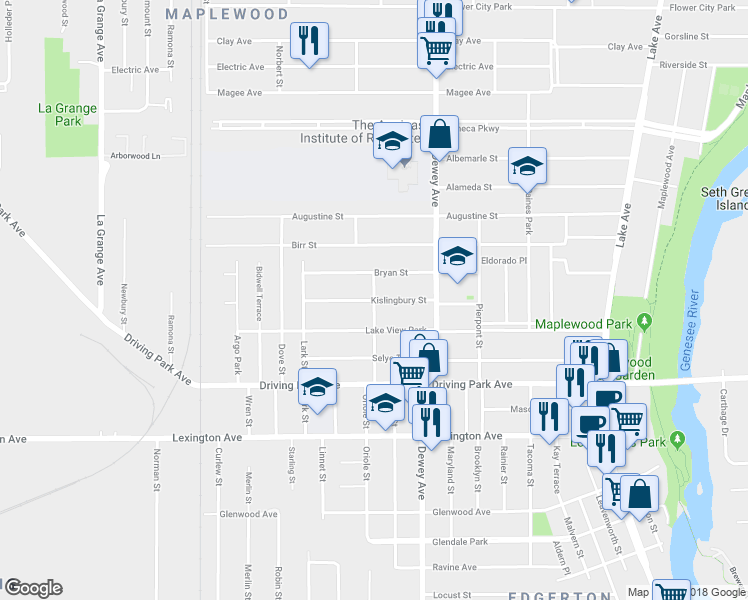 map of restaurants, bars, coffee shops, grocery stores, and more near 84 Archer Street in Rochester