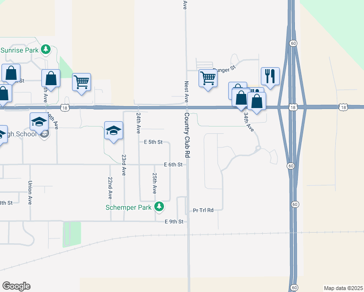 map of restaurants, bars, coffee shops, grocery stores, and more near 520 Country Club Road in Sheldon