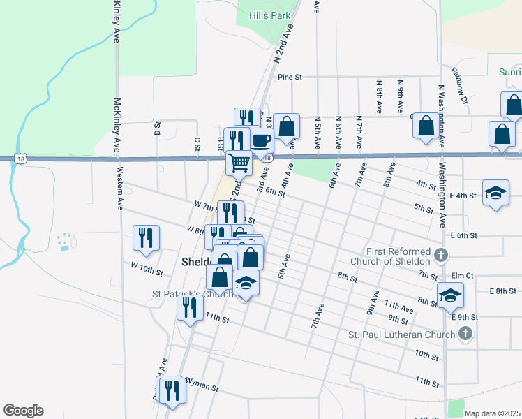 map of restaurants, bars, coffee shops, grocery stores, and more near 628 4th Avenue in Sheldon