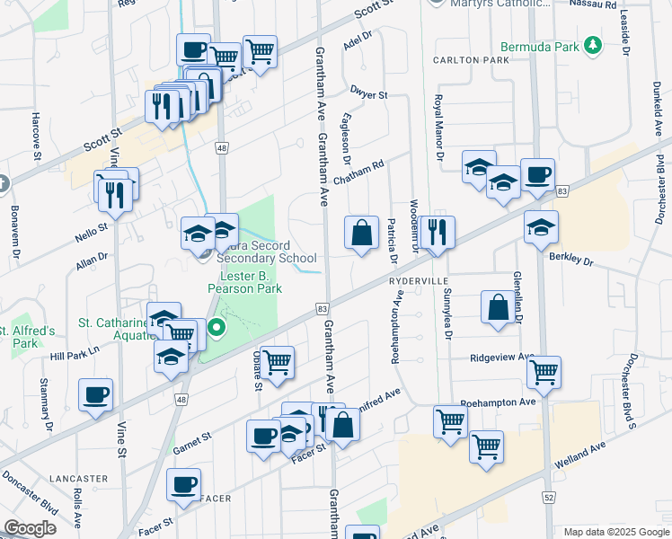 map of restaurants, bars, coffee shops, grocery stores, and more near 318 Grantham Avenue in Saint Catharines