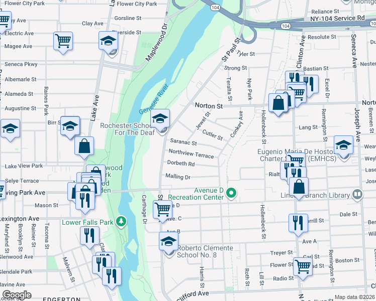 map of restaurants, bars, coffee shops, grocery stores, and more near 44 Northview Terrace in Rochester