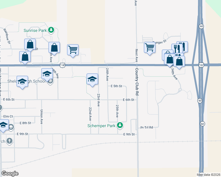 map of restaurants, bars, coffee shops, grocery stores, and more near 319 24th Avenue in Sheldon