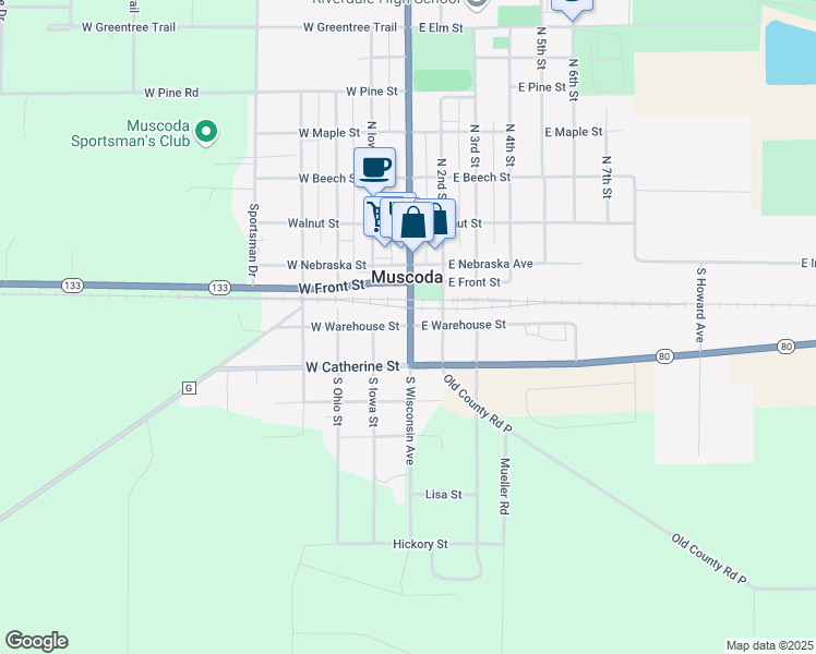 map of restaurants, bars, coffee shops, grocery stores, and more near 107 West Warehouse Street in Muscoda