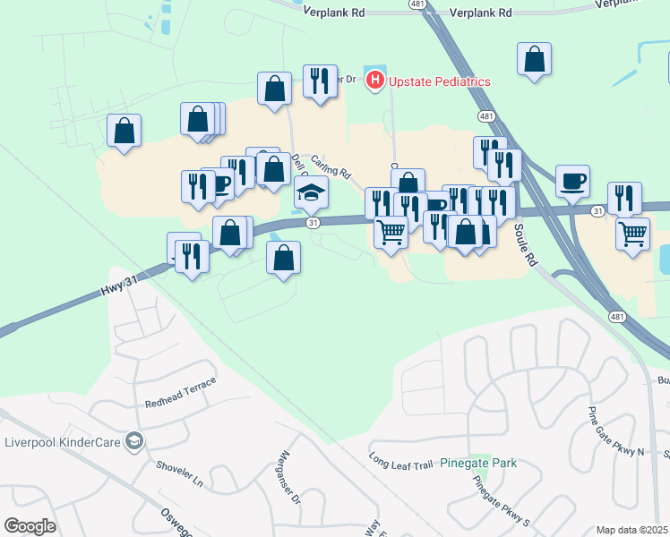map of restaurants, bars, coffee shops, grocery stores, and more near 3900 Highway 31 in Liverpool