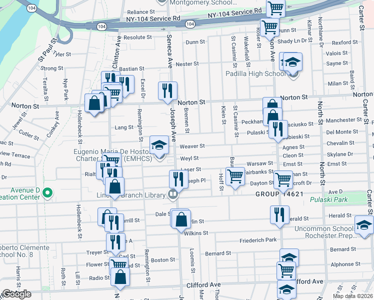map of restaurants, bars, coffee shops, grocery stores, and more near 135 Weaver Street in Rochester