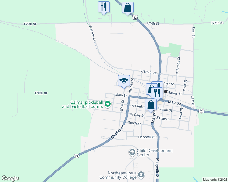map of restaurants, bars, coffee shops, grocery stores, and more near 601 Main Street in Calmar