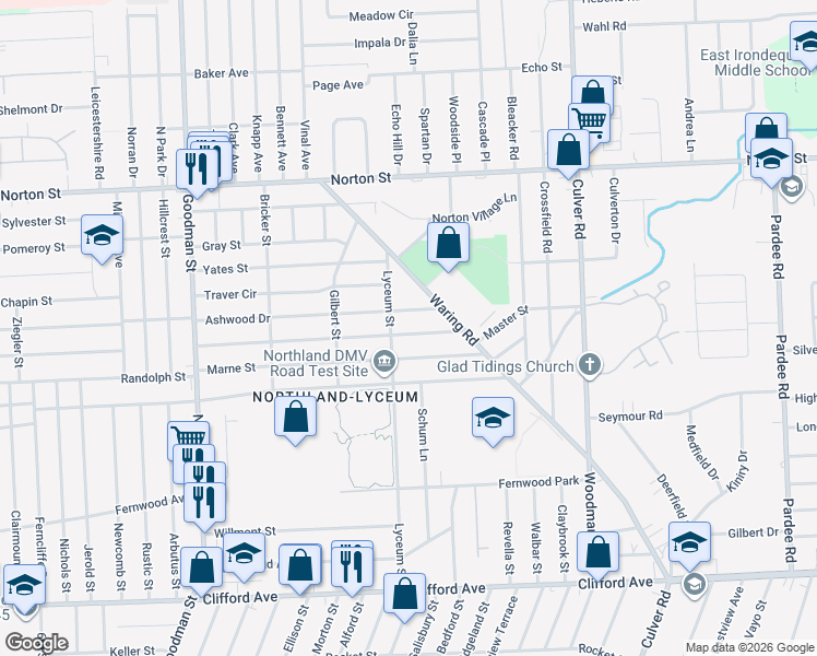 map of restaurants, bars, coffee shops, grocery stores, and more near 298 Fieldwood Drive in Rochester