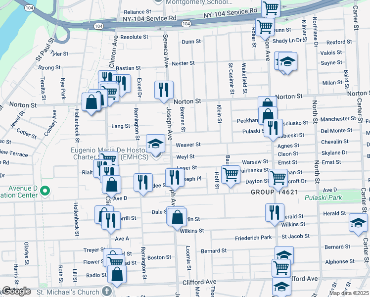 map of restaurants, bars, coffee shops, grocery stores, and more near 135 Weaver Street in Rochester