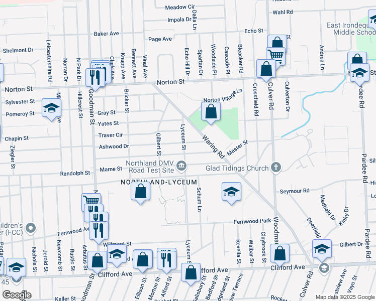 map of restaurants, bars, coffee shops, grocery stores, and more near 280 Fieldwood Drive in Rochester