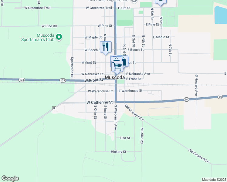 map of restaurants, bars, coffee shops, grocery stores, and more near 107 West Warehouse Street in Muscoda