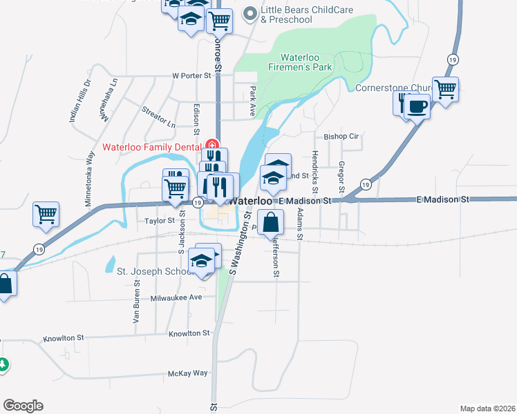 map of restaurants, bars, coffee shops, grocery stores, and more near 348 East Madison Street in Waterloo