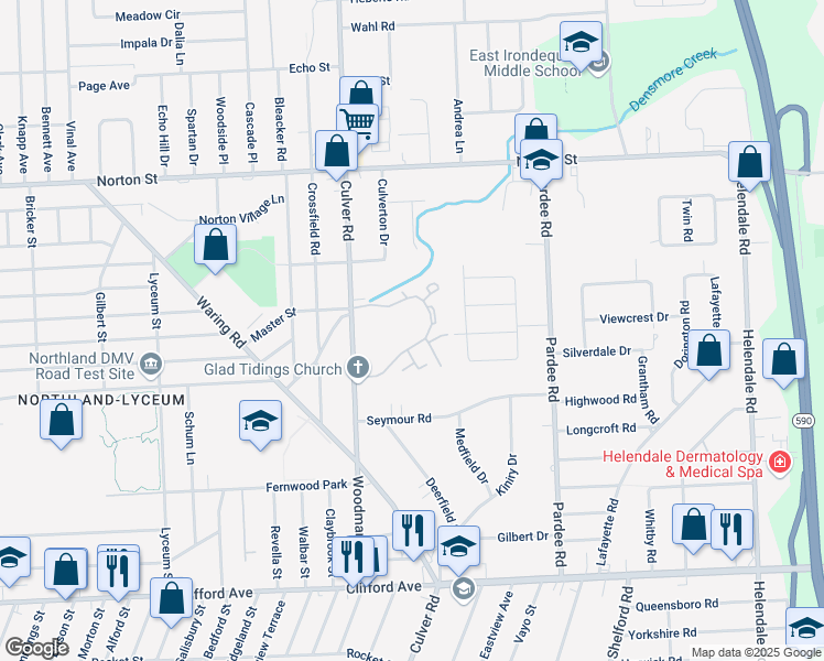 map of restaurants, bars, coffee shops, grocery stores, and more near 108 Charwood Circle in Irondequoit
