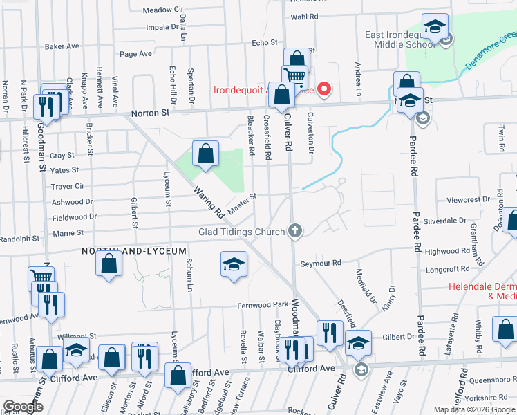map of restaurants, bars, coffee shops, grocery stores, and more near 42 Elbert Street in Rochester