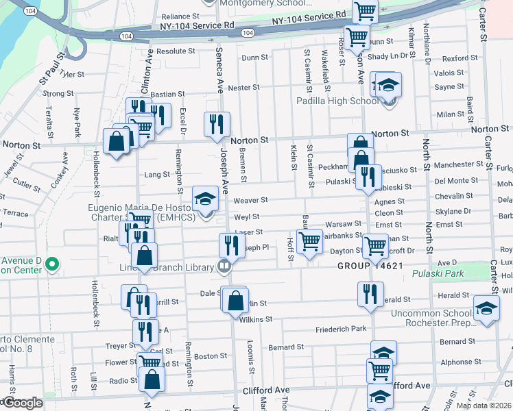 map of restaurants, bars, coffee shops, grocery stores, and more near 135 Weaver Street in Rochester