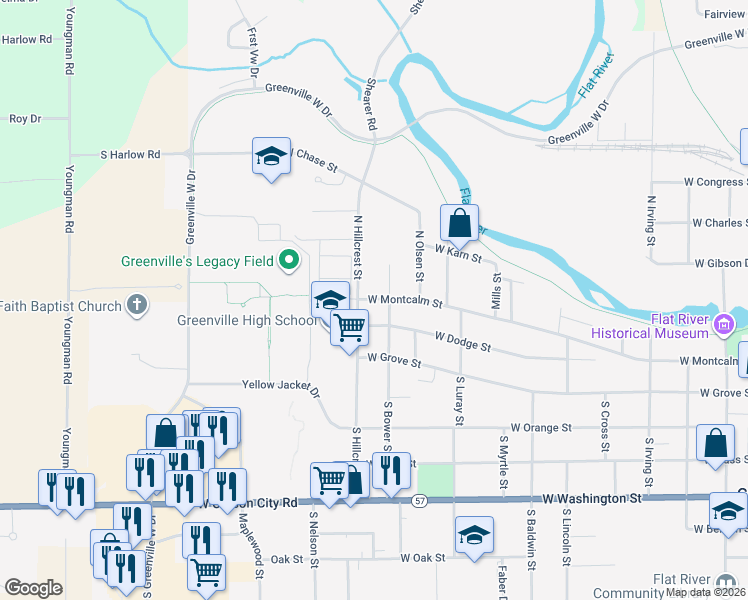 map of restaurants, bars, coffee shops, grocery stores, and more near 1109 West Montcalm Street in Greenville