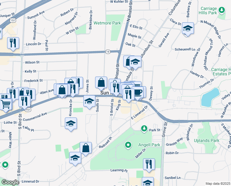 map of restaurants, bars, coffee shops, grocery stores, and more near in Sun Prairie