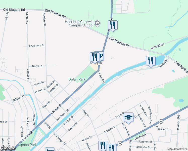 map of restaurants, bars, coffee shops, grocery stores, and more near 82 Lake Avenue in Lockport