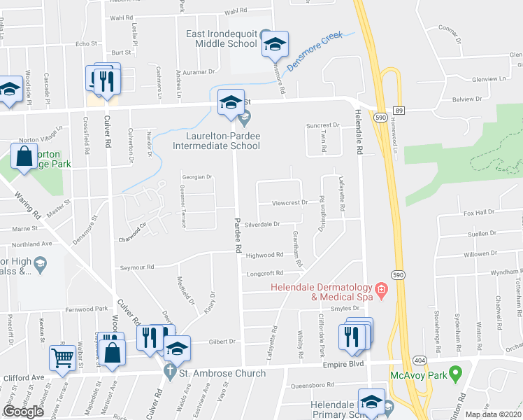 map of restaurants, bars, coffee shops, grocery stores, and more near 7 Viewcrest Dr in Rochester