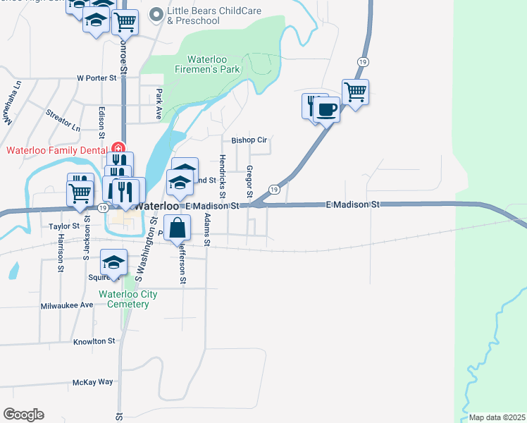 map of restaurants, bars, coffee shops, grocery stores, and more near 806 East Madison Street in Waterloo