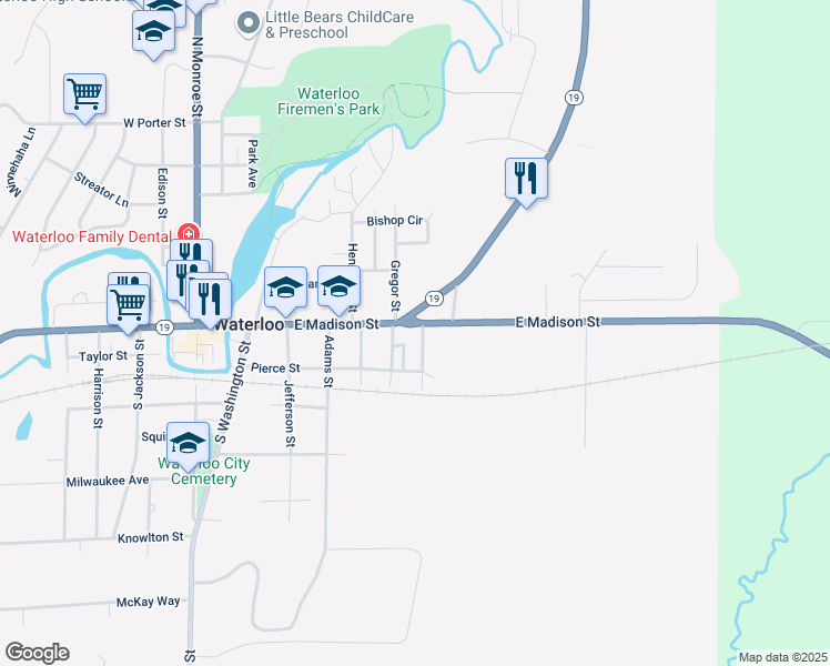 map of restaurants, bars, coffee shops, grocery stores, and more near 806 East Madison Street in Waterloo