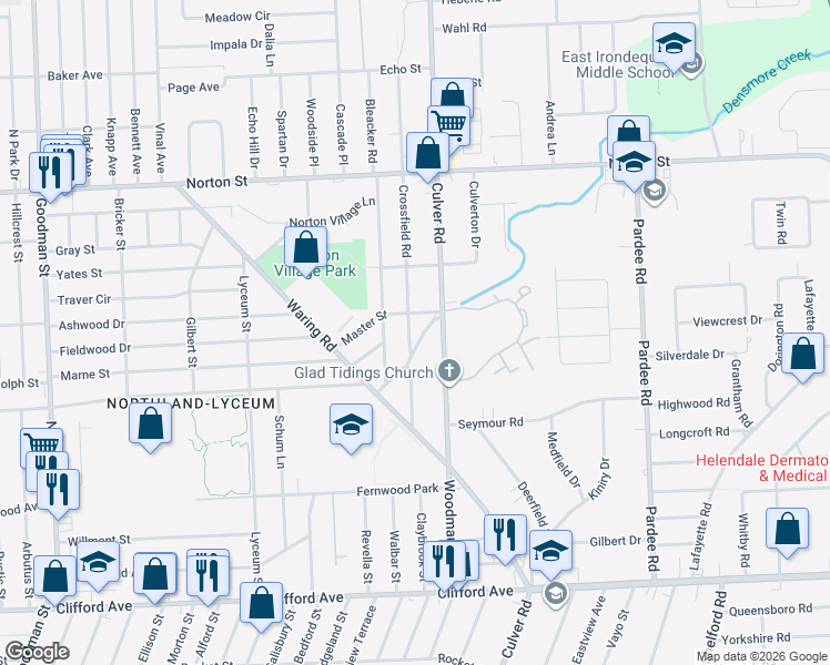 map of restaurants, bars, coffee shops, grocery stores, and more near 130 Crossfield Road in Rochester