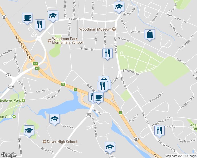 map of restaurants, bars, coffee shops, grocery stores, and more near 273 Locust Street in Dover