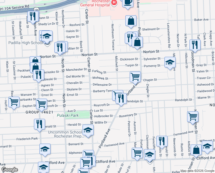 map of restaurants, bars, coffee shops, grocery stores, and more near 151 Delamaine Drive in Rochester