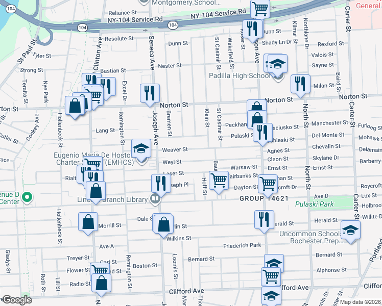 map of restaurants, bars, coffee shops, grocery stores, and more near 193 Weaver Street in Rochester