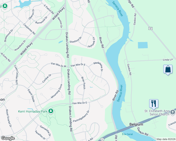 map of restaurants, bars, coffee shops, grocery stores, and more near 3413 Van Wie Drive East in Baldwinsville