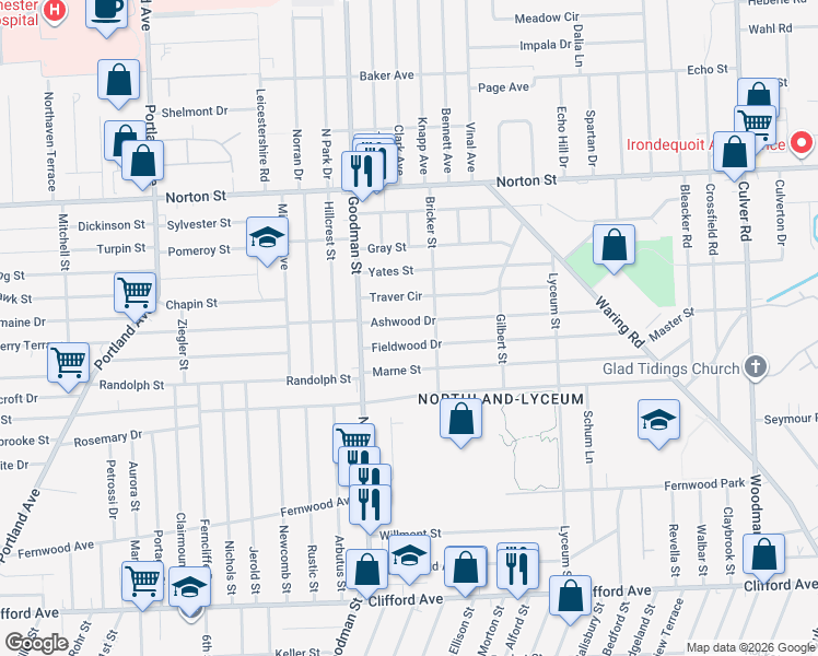 map of restaurants, bars, coffee shops, grocery stores, and more near 67 Ashwood Drive in Rochester