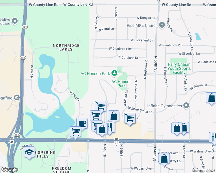 map of restaurants, bars, coffee shops, grocery stores, and more near 9144 North Brandybrook Trail in Brown Deer
