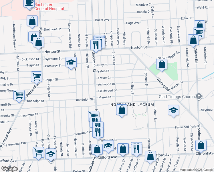 map of restaurants, bars, coffee shops, grocery stores, and more near 67 Ashwood Drive in Rochester