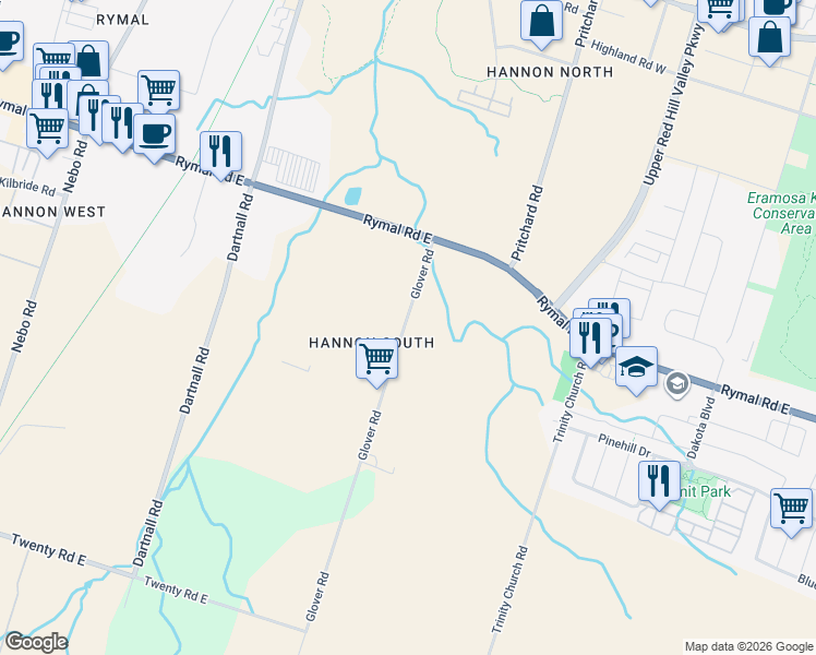 map of restaurants, bars, coffee shops, grocery stores, and more near 67 Glover Road in Hamilton