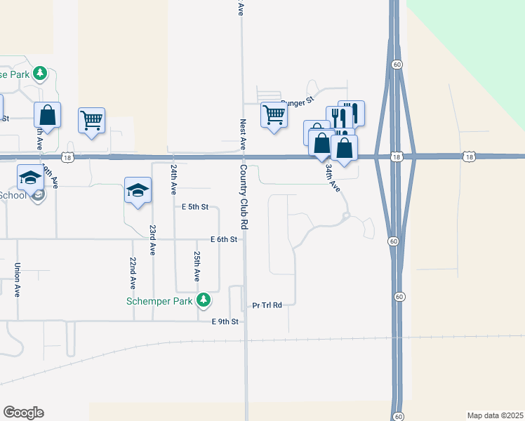 map of restaurants, bars, coffee shops, grocery stores, and more near 501 Country Club Road in Sheldon
