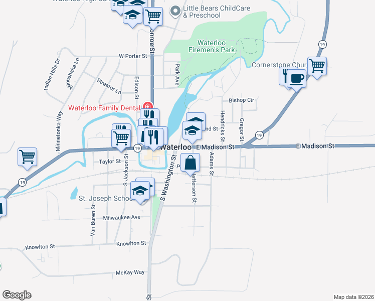 map of restaurants, bars, coffee shops, grocery stores, and more near 348 East Madison Street in Waterloo