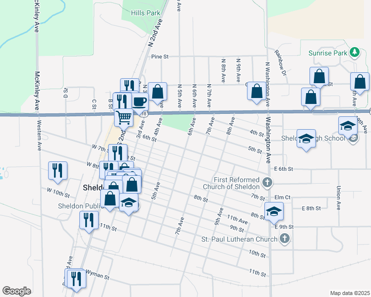 map of restaurants, bars, coffee shops, grocery stores, and more near 601 6th Street in Sheldon