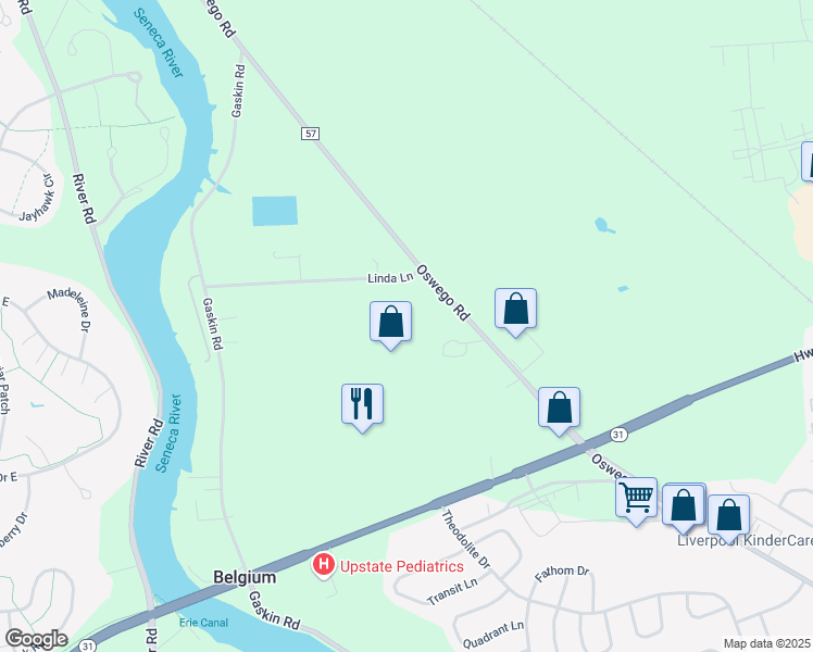 map of restaurants, bars, coffee shops, grocery stores, and more near 8545 Oswego Road in Baldwinsville