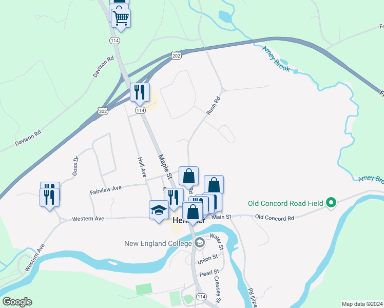 map of restaurants, bars, coffee shops, grocery stores, and more near 138 Rush Road in Henniker