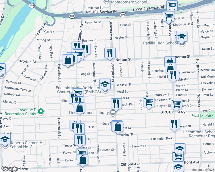 map of restaurants, bars, coffee shops, grocery stores, and more near in Rochester