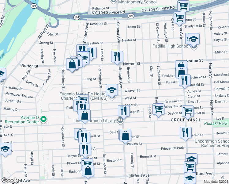 map of restaurants, bars, coffee shops, grocery stores, and more near 61 Weaver Street in Rochester