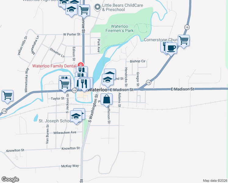 map of restaurants, bars, coffee shops, grocery stores, and more near 434 East Madison Street in Waterloo