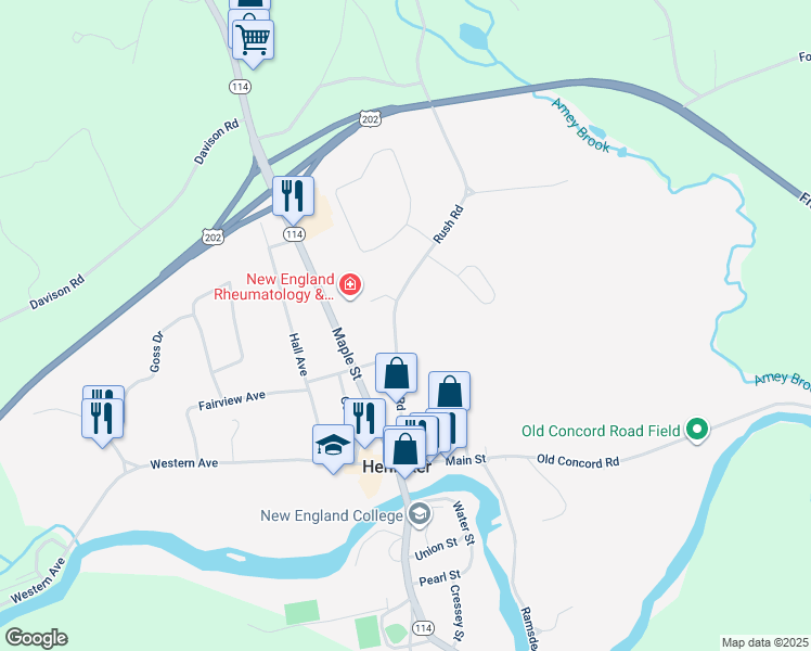 map of restaurants, bars, coffee shops, grocery stores, and more near 138 Rush Road in Henniker