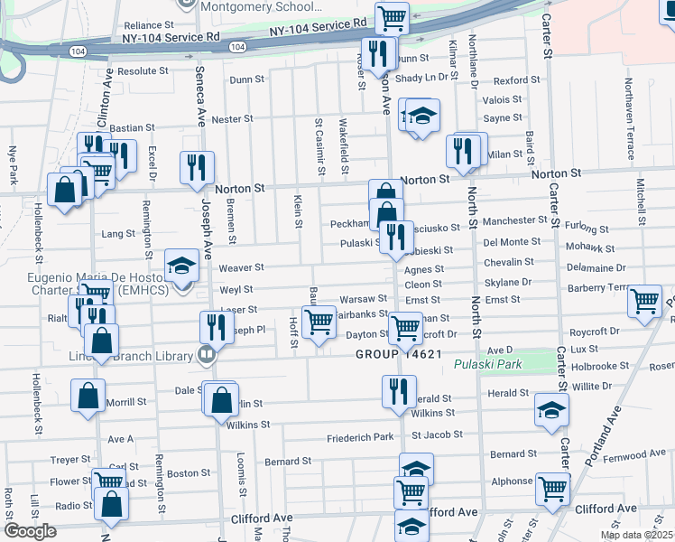 map of restaurants, bars, coffee shops, grocery stores, and more near 194 Weyl Street in Rochester