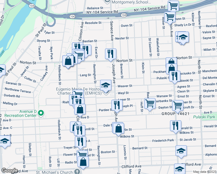 map of restaurants, bars, coffee shops, grocery stores, and more near in Rochester