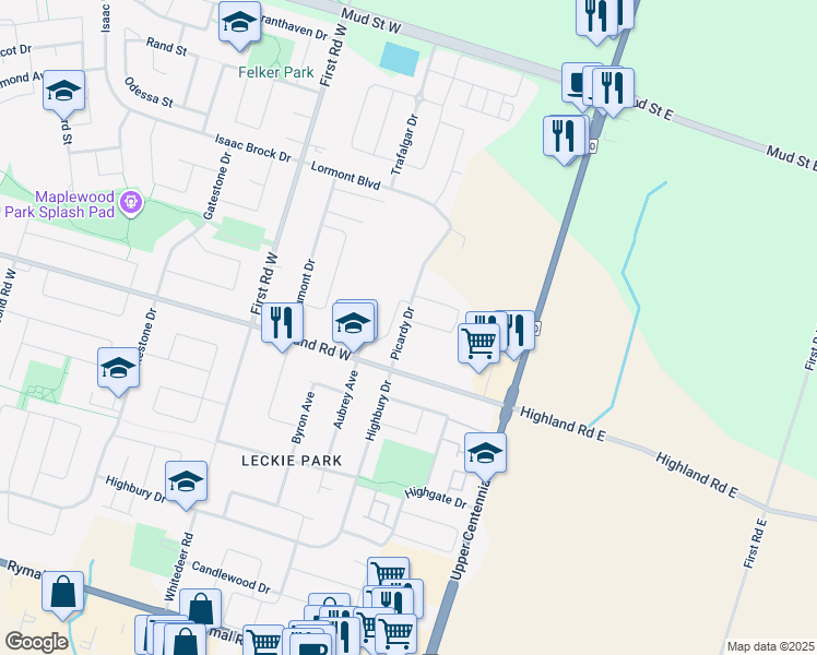 map of restaurants, bars, coffee shops, grocery stores, and more near 2 Talence Drive in Hamilton